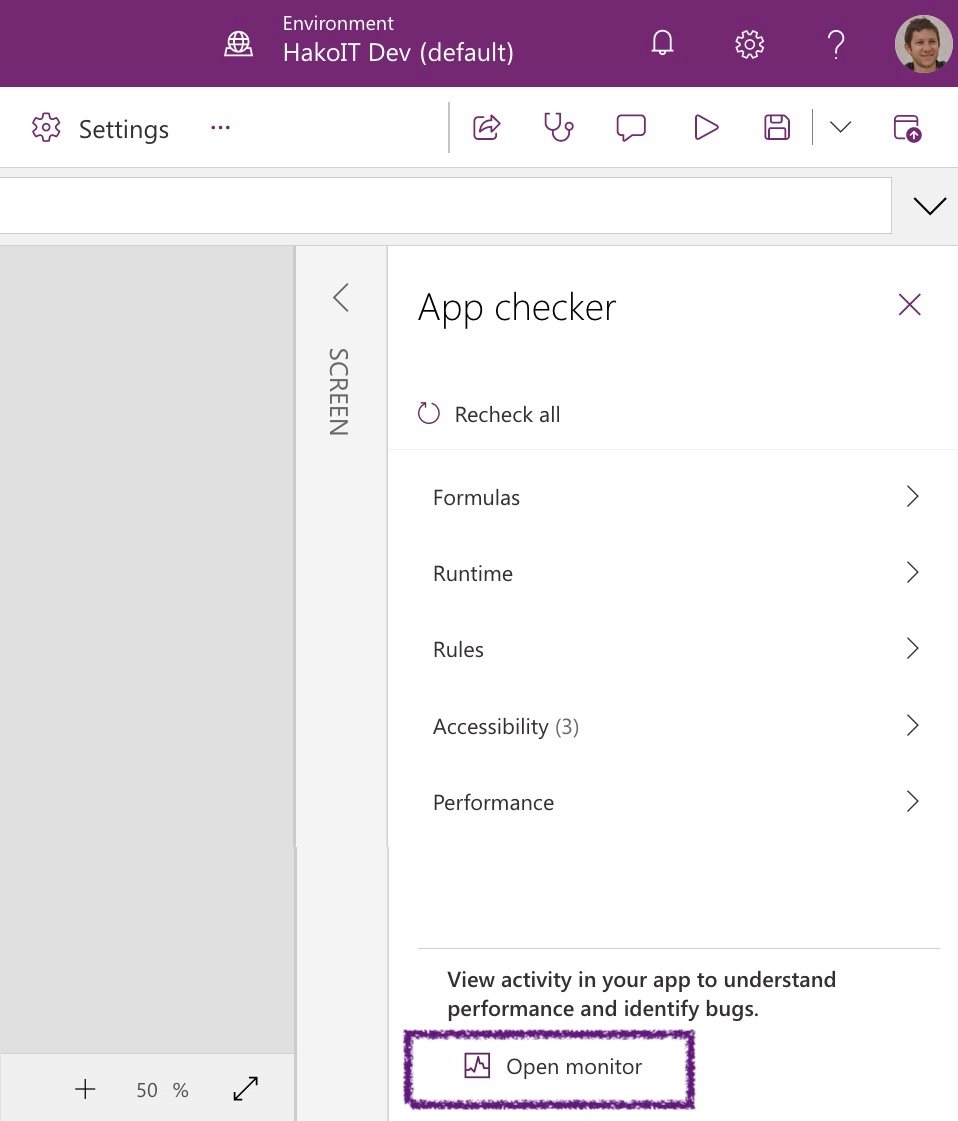 Power apps debugging Monitor