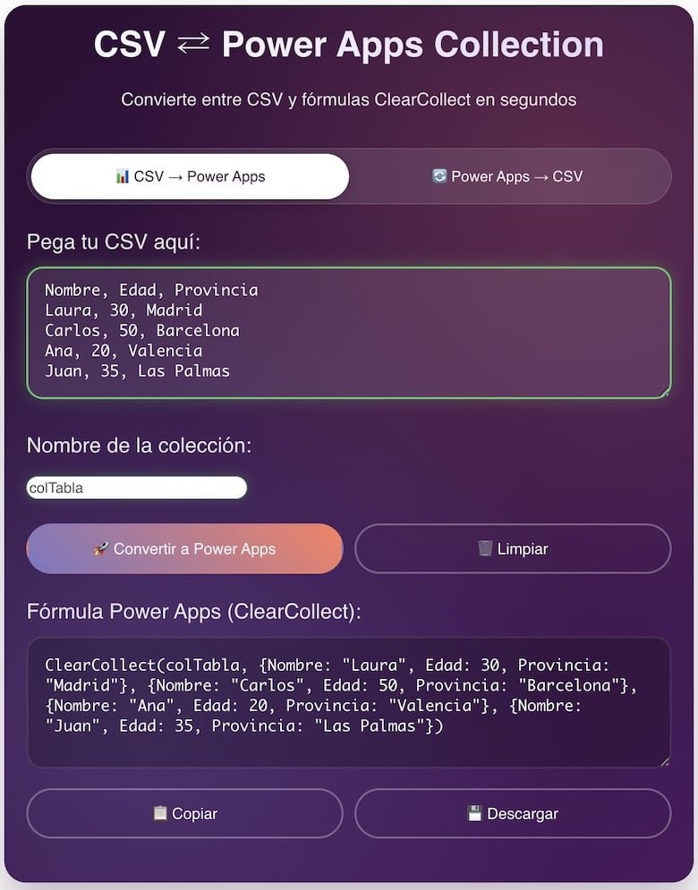 Interfaz de herramienta para convertir CSV a colección Power Apps Interfaz de herramienta para convertir CSV a colección Power Apps