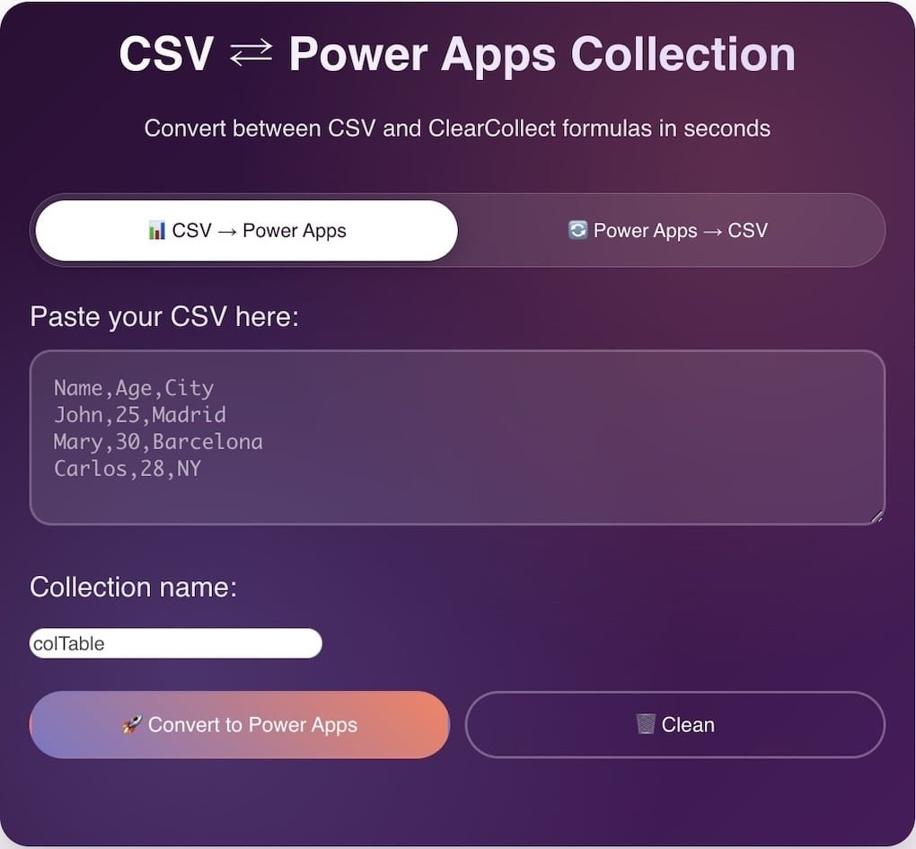 convert csv to collection - power apps