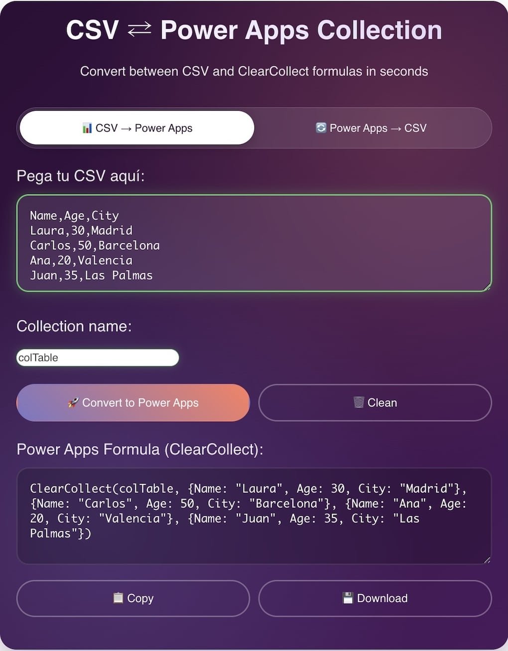 convert csv to power apps collection