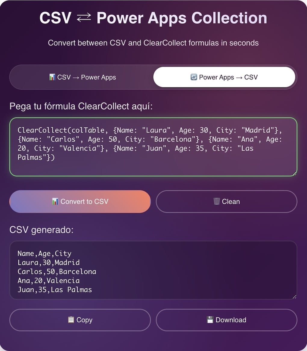 convert power apps collection to csv